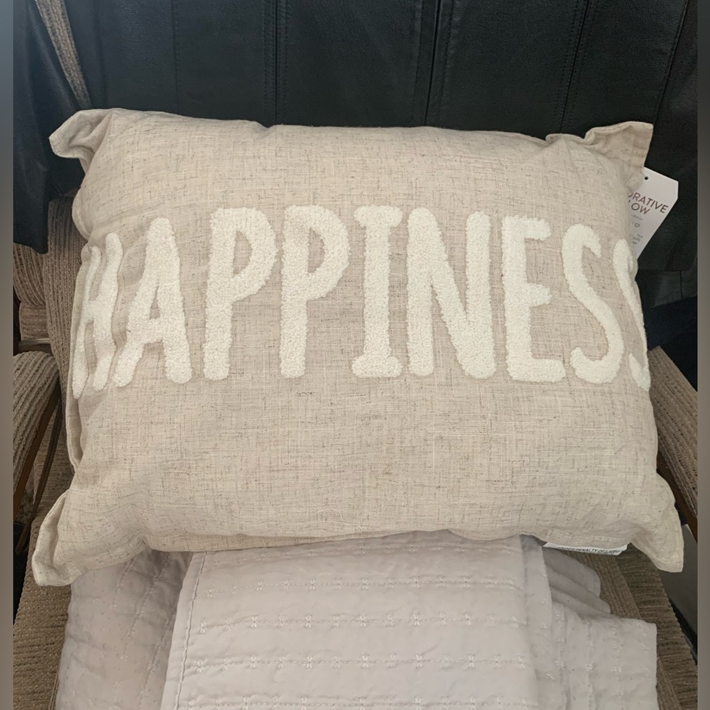 Decorative Beige Pillow with 'Happiness' Text